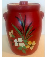 Vintage Stoneware Clay Red Crock Cannister with Handles and Lid Painted ... - $49.94