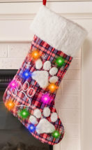 NEW Pawprint LED Light Christmas Stocking plaid w/ white furry paws &amp; cuff 18.5&quot; - £14.19 GBP