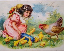 Easter Postcard Baby Chicks Hen Little Farm Girl 1907 Tucks Vintage Embossed - £5.60 GBP