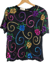 Vintage 1980s Laurence Kazar Beaded Sequin Shirt Top Black Silk Evening ... - $65.14