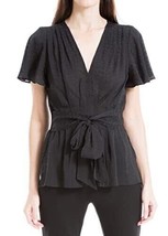 Max Studio Women&#39;s Flutter Short Sleeve Waist Tie Blouse - Size L Black - £17.77 GBP