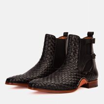 The Rolls Boot Woven Black Leather Double Monk Strap Handmade Men Shoe image 2