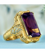 Natural 9 Ct. Emerald Cut Amethyst Vintage Style Filigree Ring in Solid 9K Gold - £703.65 GBP