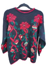Vintage Nutcracker Sweater Small Womens Black Red Christmas Ornament Crew Neck - £24.36 GBP