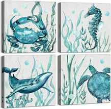 Blue Wall Art Kids Room Decor Whale Seahorse Turtle Crab Pictures Canvas Prints - £15.45 GBP