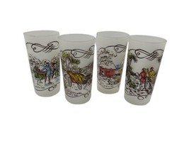 Vintage Currier &amp; Ives Frosted Drinking Glasses Tumblers Set of 4 MCM Ba... - $24.74