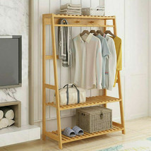 Bamboo Coat Garment Rack Stand Clothes Storage Shoes Closet Organizer W/ Shelves - £90.35 GBP