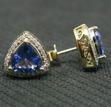 1.70Ct Simulated Tanzanite &amp; Diamond Stud Earrings 14K Yellow Gold Plated Silver - £68.31 GBP