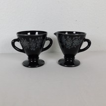 Hazel Atlas Ovide Black Silver Flower Overlay Creamer Open Sugar Set 3.75&quot; tall - £7.81 GBP