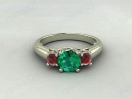 Emerald Garnet Gemstone Sterling Silver Three Stone Wedding Women Ring Jewelry - £43.56 GBP