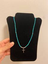 Cross pendant necklace seed beads turquoise blue handmade choker - £11.98 GBP