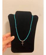 Cross pendant necklace seed beads turquoise blue handmade choker - £11.99 GBP