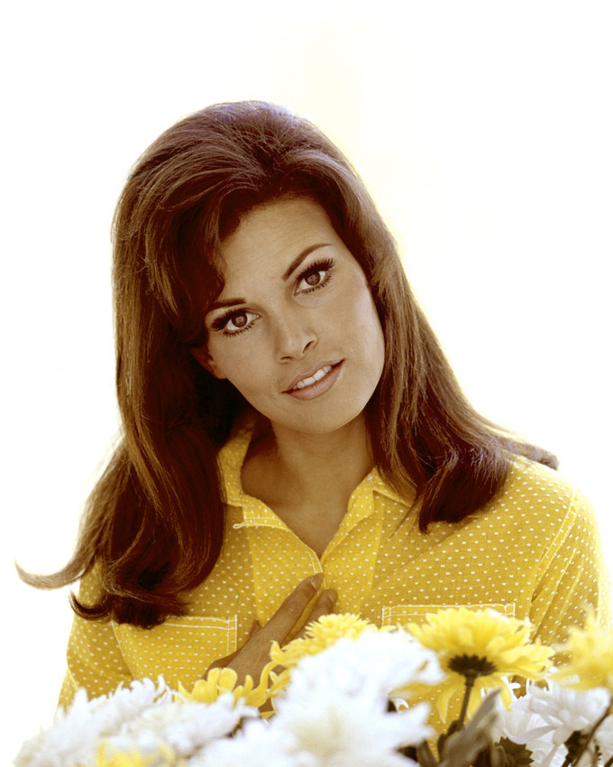 Primary image for Raquel Welch Yellow Dress by Flowers Long Hair 60's Pose 16x20 Canvas