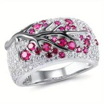 Tree Of Life Ring Full Of Shiny Zircon Elegant Alloy Ring -New- Dk Pink Size 11 - £10.23 GBP