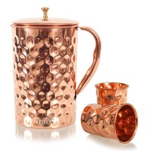 Copper Diamond Hammered Jug Pitcher Set of 1, 1500 ML Brass Knob 2 Glass 300 ML - £42.82 GBP