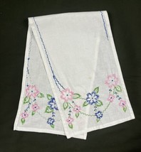 Vintage 50s 60s MCM White Pink Floral Flowers Linen Table Runner Placemat - £15.49 GBP