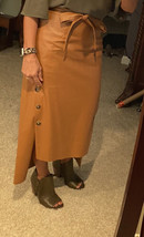 Vegan Leather Skirt Medium Chestnut Faux Buttons Tie High Waist Longer Back HOT - £18.34 GBP