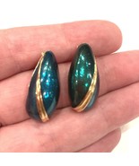 Vintage 1980s Earrings Oval Rounded Teardrop Gold Tone Stripe Teal Shimm... - $9.78