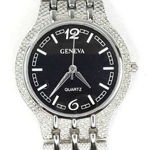 GENEVA Mens Quartz Watch Metallic Silver Tone Bracelet Black Dial EUC - £17.35 GBP