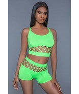 Women&#39;s 2 pc Fishnet Tank Crop Top With a Pair of High Waisted Booty Sho... - $21.69 CAD
