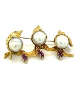 18k Yellow Gold Cultured Pearl Three Birds Sitting Brooch with Rubies - $4,583.27 CAD