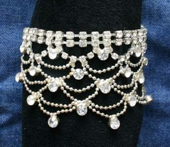 Elegant Crystal Rhinestone Silver-tone Lacey Drape Bracelet vintage 6 7/8&quot; - £11.71 GBP