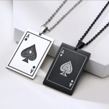 Men s Lucky Ace Of Spades Stainless Steel Poker Pendant Necklace - FAST SHIPPING - £12.01 GBP
