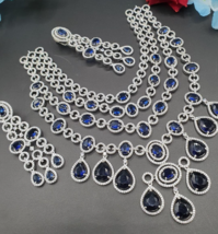 Indian 18k White Filled Indian Bollywood Style CZ Sapphire Necklace Jewelry Set - £293.78 GBP