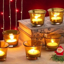Set of 6 Votive Yellow Glass Tealight Candle Holders for Home Décor, Gift - £19.89 GBP