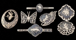 Gorgeous Sterling Silver Siam Niello Enamel Broochs &amp; Tie Clips Lot of 7 - $296.99