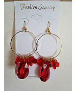  Vintage LIGHTWEIGHT RED EARRINGS, Gold tone hoops &amp; long dangle New - $5.49