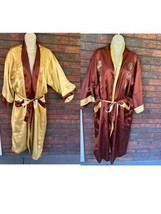 Asian Kimono Large Reversible Yellow Brown Satin Full Long Length Robe Pockets - £56.34 GBP