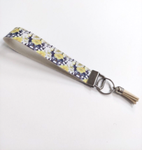 Wristlet Key Fob Keychain Faux Leather Yellow Floral Roses with Tassel New - £5.41 GBP