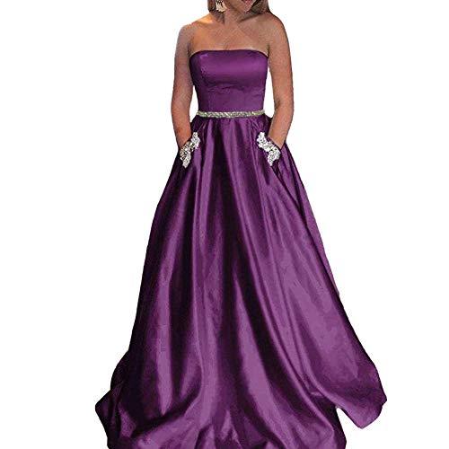 Beaded Belt Long A Line Formal Prom Dress Evening Gown with Pockets Purple US 6