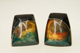 Vintage Jewelry Mid Century Modern Clip Earrings Brass Black Onyx Lucite Inlay - £27.14 GBP