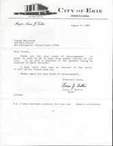 Louis Tullio Mayor of Erie Pennsylvania Signed 1989 Typed Letter - $49.49