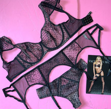Victoria&#39;s Secret Unlined 34DD Bra Set+Garter Black Velvet Polka Dot Cap Sleeve - £94.93 GBP