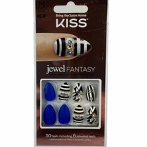 NEW Kiss Nails Jewel Fantasy Press Glue Manicure Medium Almond Blue Black White - £9.34 GBP