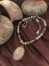 Earthtone Oval Agate Center Stone Accented By Colorful Mookaite Jasper Beads - £24.78 GBP