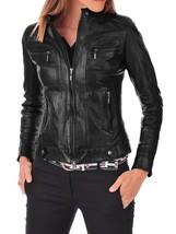 Women&#39;s Genuine Lambskin Real Leather Jacket Slim fit Biker Jacket For Women-077 - £93.92 GBP