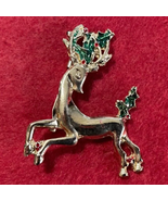 Reindeer Christmas Brooch Pin Vintage Red Gold &amp; Green  - $9.49