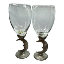 2 Wine Glass Fantasy Crescent Moon Stars Pewter Stem Water Goblet Rare - £111.57 GBP