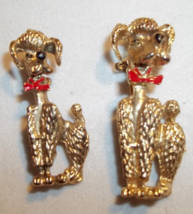 Vintage set of two Elongated Poodle Pins Gold Tone Red Bows - $11.87