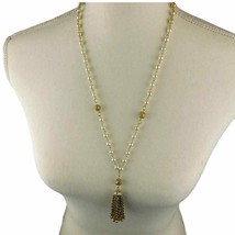 Vintage Tassel Necklace Simulated Pearls Antique Gold Tone Chain 24&quot; Tassel 2&quot; - £10.64 GBP