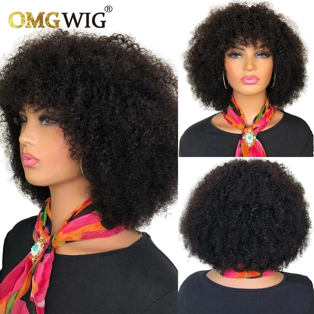 Afro Kinky Curly Human Hair Wigs For Black Women Pre Plucked Full Machine Made - £50.79 GBP+