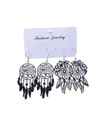 2 Pair Black Peony Feather Tassel Hollow Drop Earrings Dream Catcher - £8.58 GBP