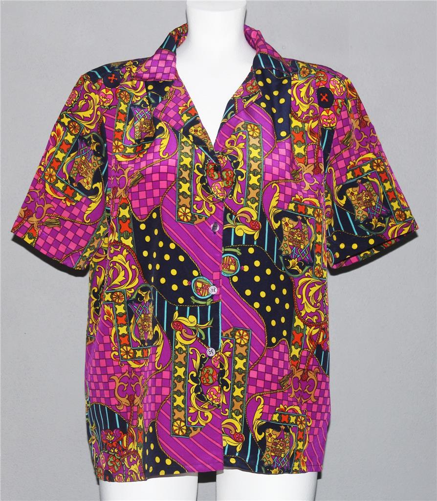 VTG Sara Stephen Colorful Baroque Polka Dots Scroll Squares Blouse Wm&#39;s ... - $19.99