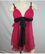 Linea Donatella Hot Pink Black Polka Dot Sheer Baby Doll Chemise Negligee Medium - $29.54