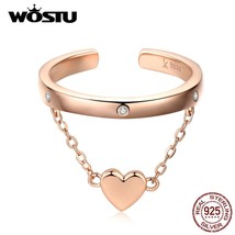 WOSTU 925 Sterling Silver Ring Heart Chain Wedding Rose Gold Adjustable Stackabl - £14.51 GBP