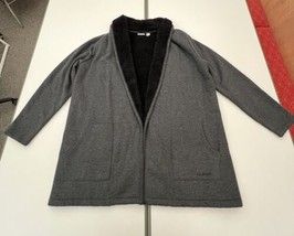 LL Bean Sweater Womens XL Gray Sherpa Fleece Lined Cardigan Open Pockets Cozy - £25.94 GBP